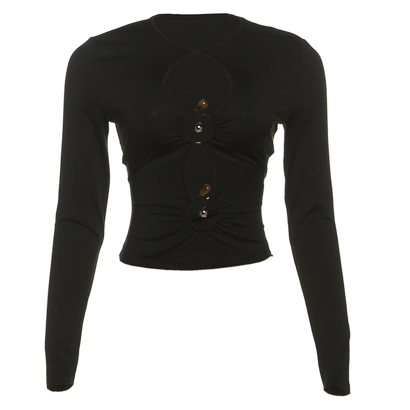 Chic Fall Vibes: Black Ruched Cutout Long Sleeve Top - Trendy & Flattering