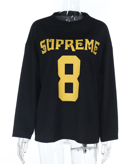 Game Day Chic: Cozy 'Supreme 8' Oversized Long Sleeve Top for Fall