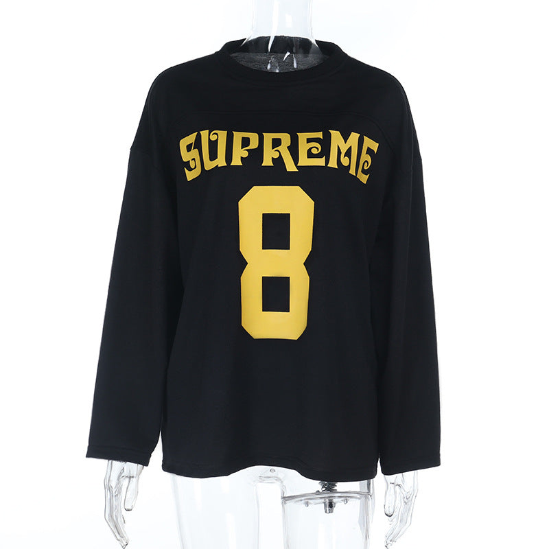 Game Day Chic: Cozy 'Supreme 8' Oversized Long Sleeve Top for Fall
