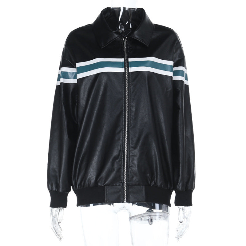 Women's Chic Striped Faux Leather Bomber Jacket - Fall 2025 Street Style