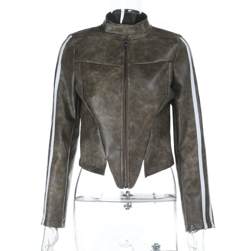 Women's Edgy Faux Leather Moto Jacket with Racing Stripes - Fall 2025 Chic
