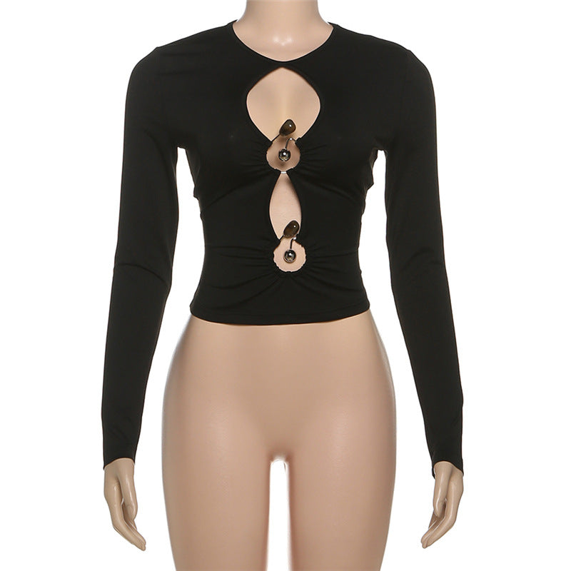 Chic Fall Vibes: Black Ruched Cutout Long Sleeve Top - Trendy & Flattering