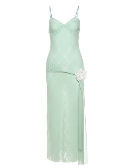 Dreamy Mint Lace Maxi Slip Dress with Floral Drape - Perfect for Fall Events & Tropical Getaways