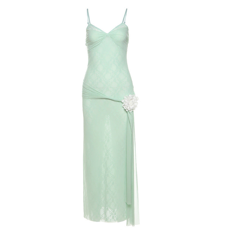 Dreamy Mint Lace Maxi Slip Dress with Floral Drape - Perfect for Fall Events & Tropical Getaways