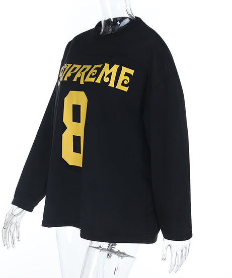 Game Day Chic: Cozy 'Supreme 8' Oversized Long Sleeve Top for Fall