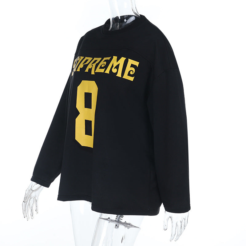 Game Day Chic: Cozy 'Supreme 8' Oversized Long Sleeve Top for Fall