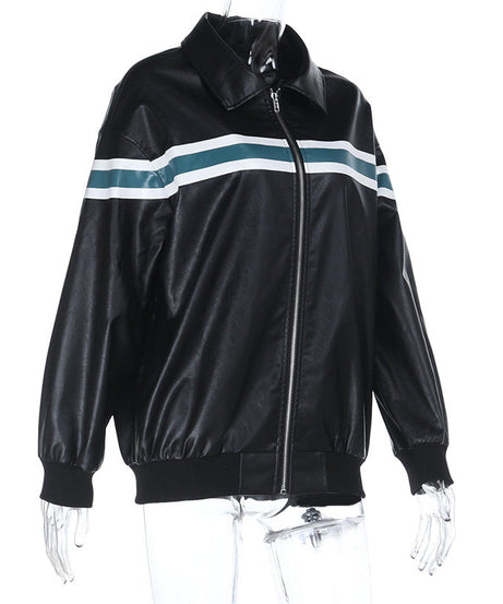 Women's Chic Striped Faux Leather Bomber Jacket - Fall 2025 Street Style