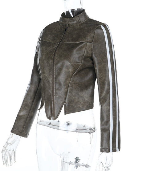 Women's Edgy Faux Leather Moto Jacket with Racing Stripes - Fall 2025 Chic