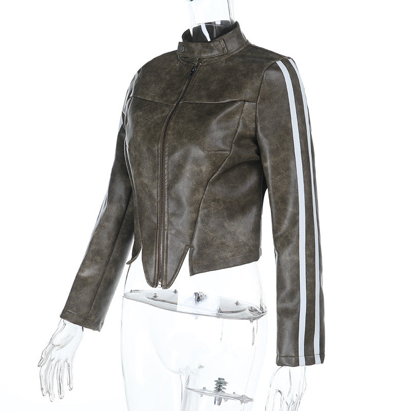 Women's Edgy Faux Leather Moto Jacket with Racing Stripes - Fall 2025 Chic