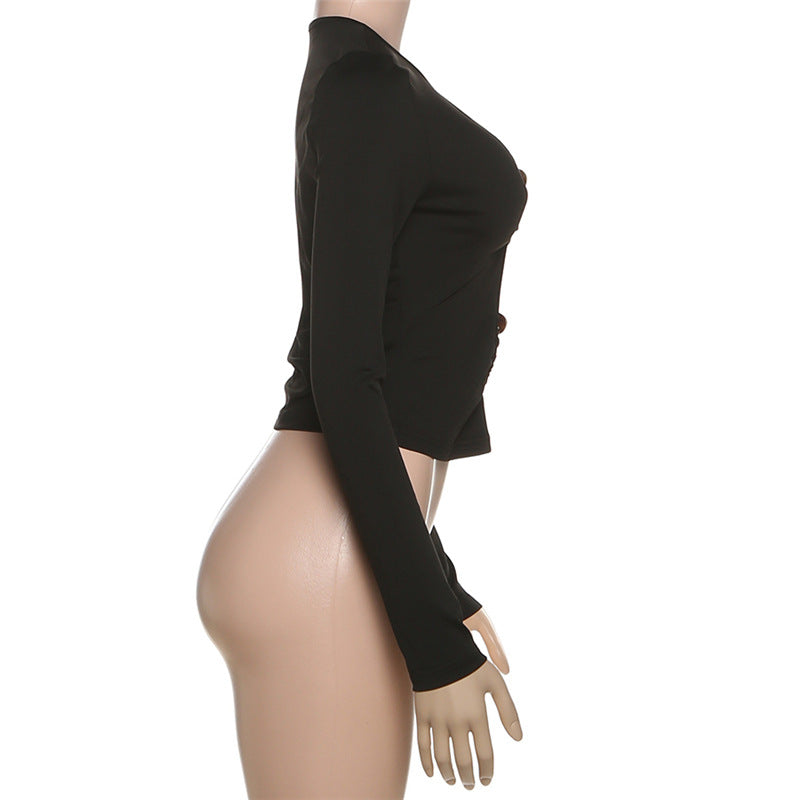 Chic Fall Vibes: Black Ruched Cutout Long Sleeve Top - Trendy & Flattering