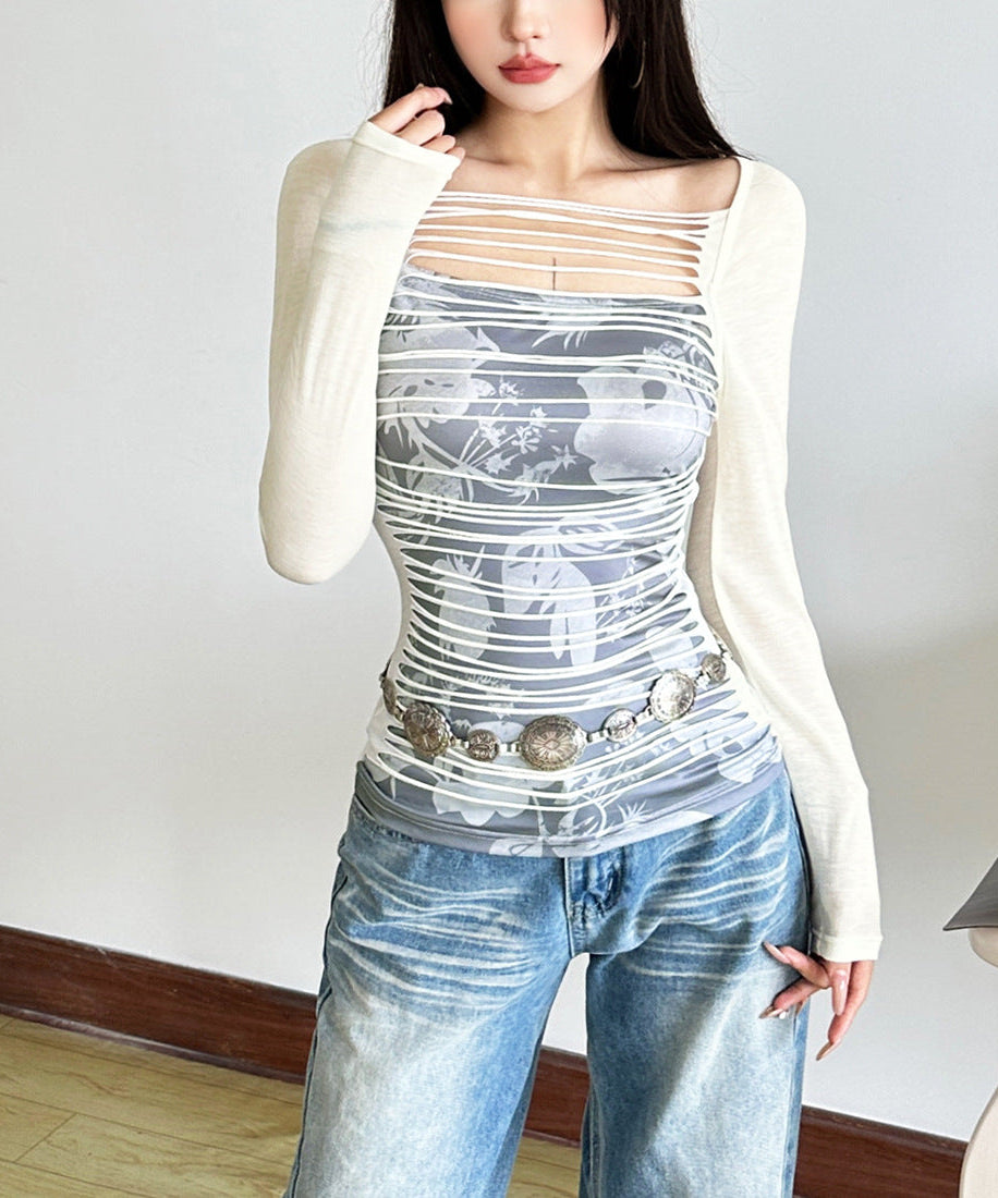 Autumn Edge: Y2K Cut-Out Layered Long Sleeve Top | Square Neck Statement