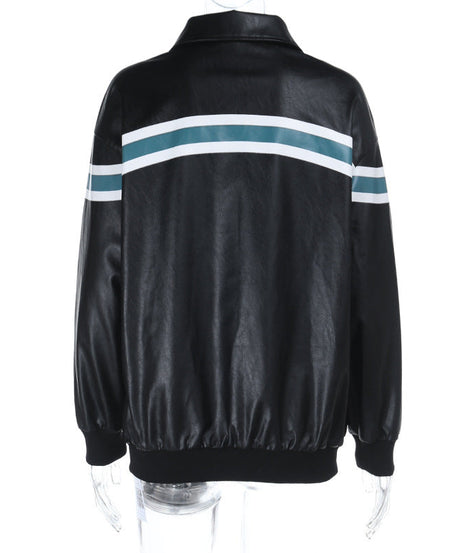 Women's Chic Striped Faux Leather Bomber Jacket - Fall 2025 Street Style