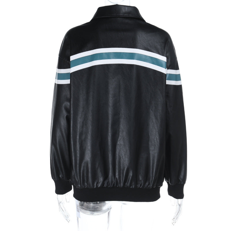 Women's Chic Striped Faux Leather Bomber Jacket - Fall 2025 Street Style