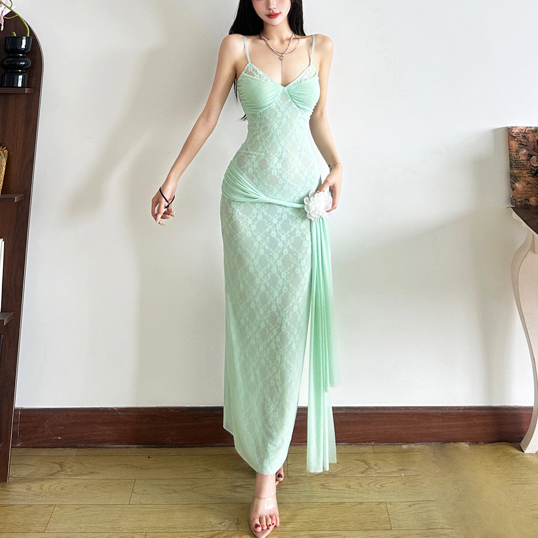 Dreamy Mint Lace Maxi Slip Dress with Floral Drape - Perfect for Fall Events & Tropical Getaways