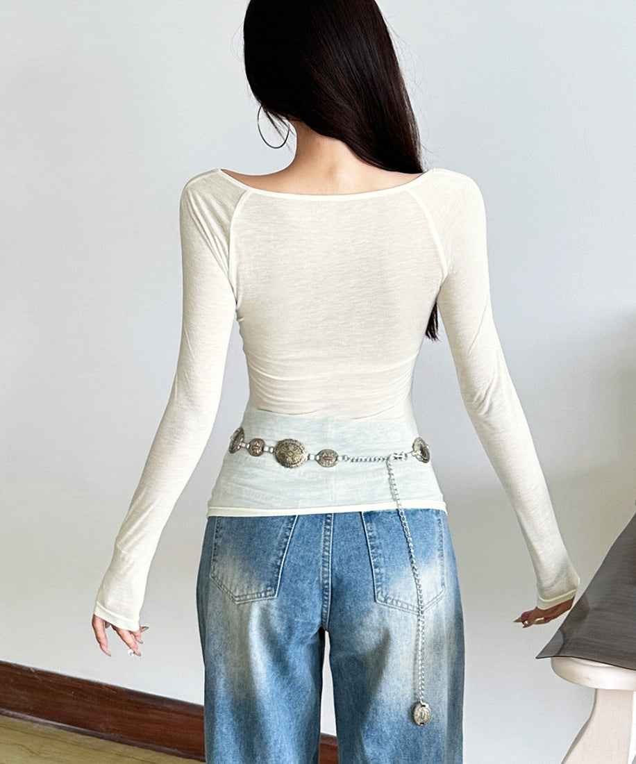 Autumn Edge: Y2K Cut-Out Layered Long Sleeve Top | Square Neck Statement