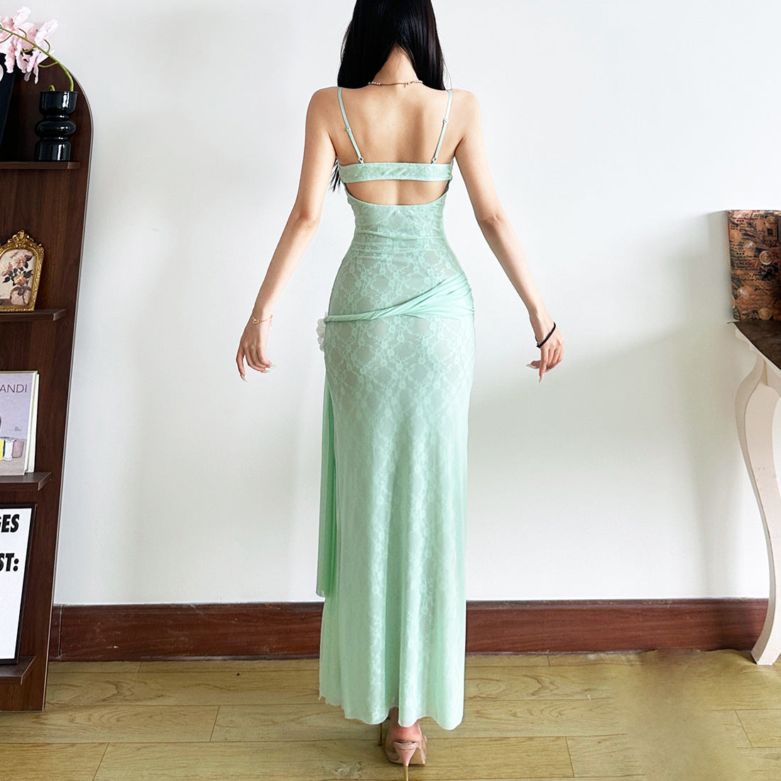 Dreamy Mint Lace Maxi Slip Dress with Floral Drape - Perfect for Fall Events & Tropical Getaways