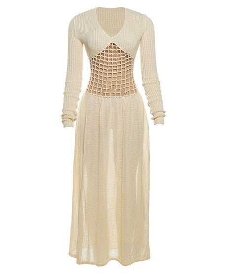 Autumn Resort Chic: V-Neck Knit Cut-Out Maxi Dress – Your Effortless Fall Getaway & Statement Piece