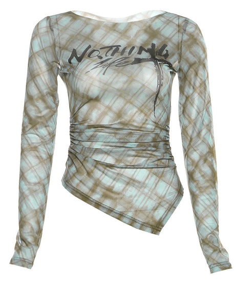 Chic Fall Plaid Mesh Top | 'Nothing' Graphic, Ruched Long Sleeve & Asymmetrical Hem – Edgy Women's Style