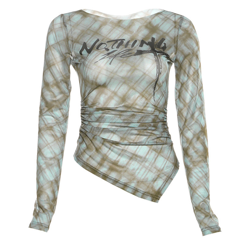 Chic Fall Plaid Mesh Top | 'Nothing' Graphic, Ruched Long Sleeve & Asymmetrical Hem – Edgy Women's Style