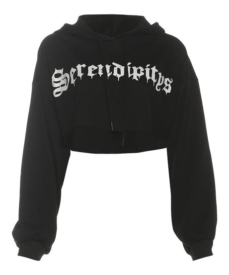 Serendipity Gothic Chic Cropped Hoodie & Shorts Set - Your Go-To Fall Loungewear