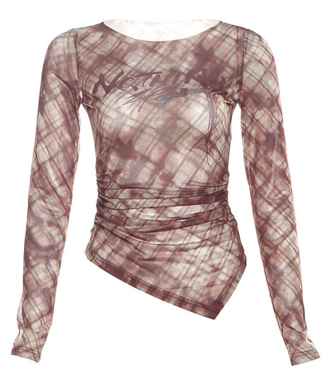 Chic Fall Plaid Mesh Top | 'Nothing' Graphic, Ruched Long Sleeve & Asymmetrical Hem – Edgy Women's Style