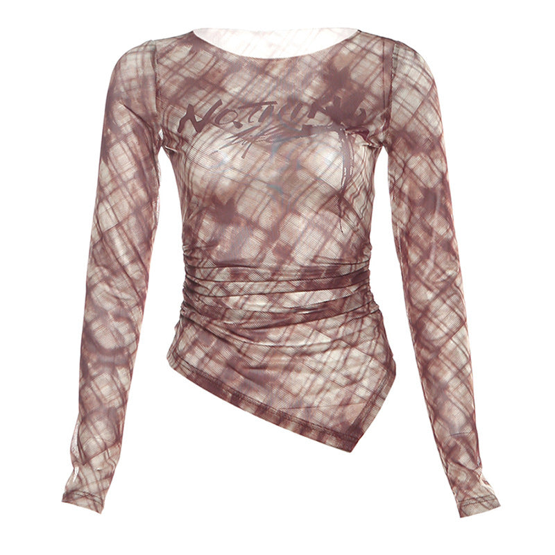 Chic Fall Plaid Mesh Top | 'Nothing' Graphic, Ruched Long Sleeve & Asymmetrical Hem – Edgy Women's Style