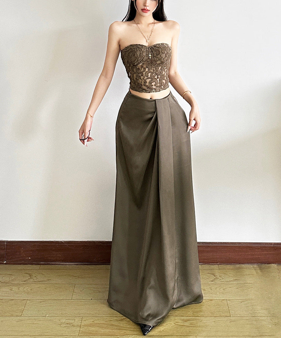 Artfully Draped Silky Maxi Skirt - High-Waisted Fall Chic for American Women