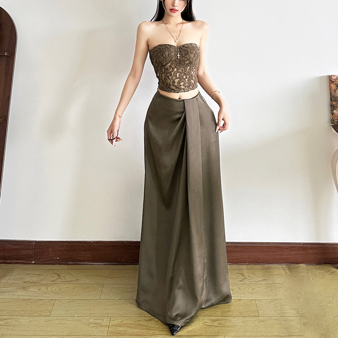 Artfully Draped Silky Maxi Skirt - High-Waisted Fall Chic for American Women