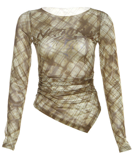 Chic Fall Plaid Mesh Top | 'Nothing' Graphic, Ruched Long Sleeve & Asymmetrical Hem – Edgy Women's Style
