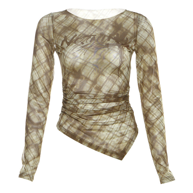 Chic Fall Plaid Mesh Top | 'Nothing' Graphic, Ruched Long Sleeve & Asymmetrical Hem – Edgy Women's Style