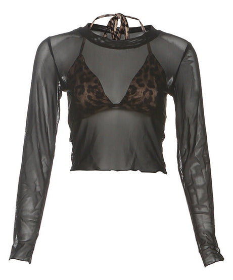 Fierce & Flirty: Sheer Mesh Long Sleeve Crop Top for Fall & Holiday Parties