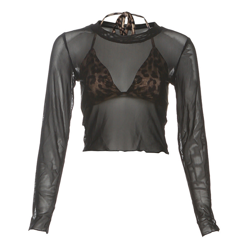 Fierce & Flirty: Sheer Mesh Long Sleeve Crop Top for Fall & Holiday Parties