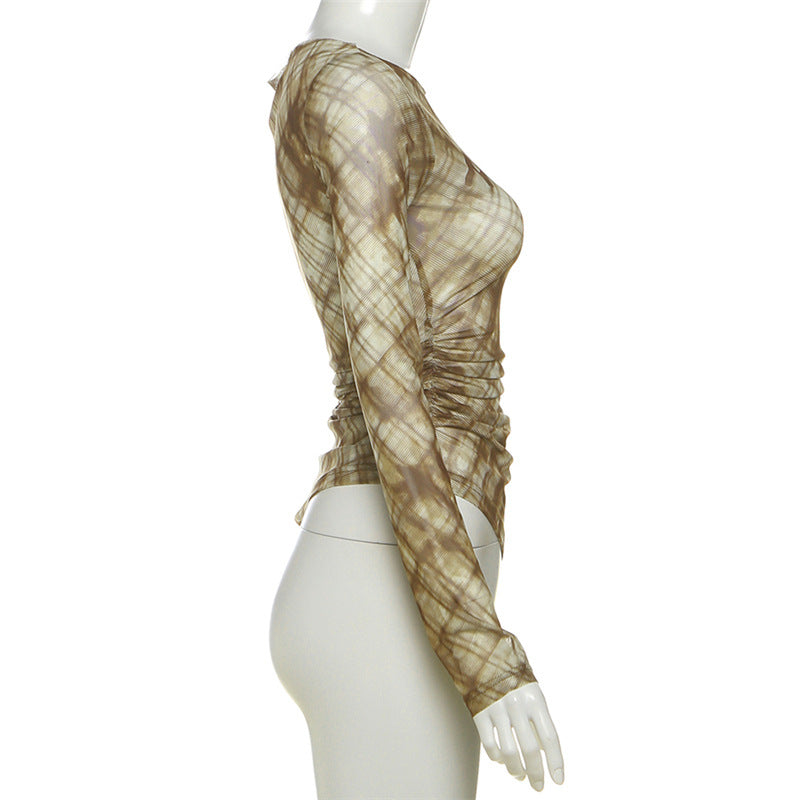 Chic Fall Plaid Mesh Top | 'Nothing' Graphic, Ruched Long Sleeve & Asymmetrical Hem – Edgy Women's Style