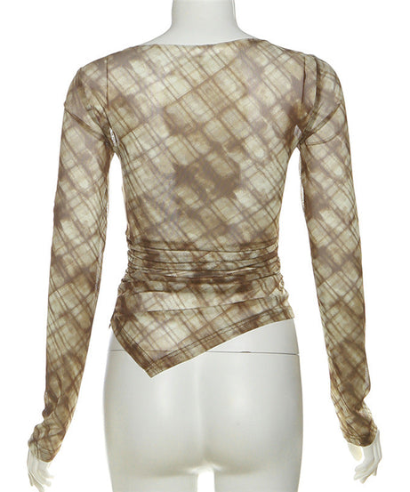 Chic Fall Plaid Mesh Top | 'Nothing' Graphic, Ruched Long Sleeve & Asymmetrical Hem – Edgy Women's Style