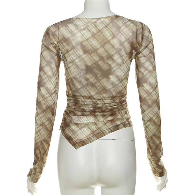 Chic Fall Plaid Mesh Top | 'Nothing' Graphic, Ruched Long Sleeve & Asymmetrical Hem – Edgy Women's Style