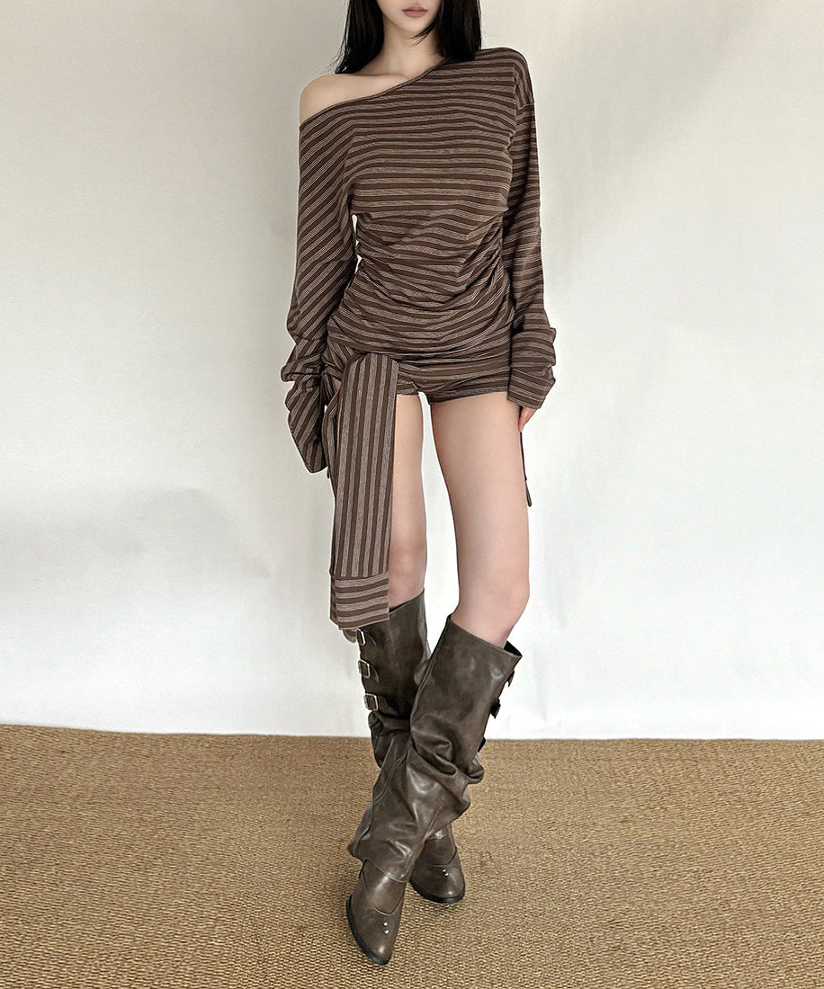 Chic Fall Stripes: Effortless One-Shoulder Ruched Mini Dress