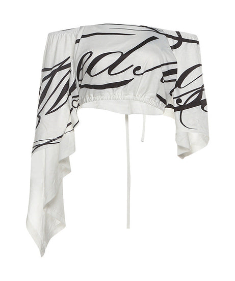 Effortless Chic: Script Print Off-Shoulder Crop Top | Dramatic Flowy Sleeves for Fall