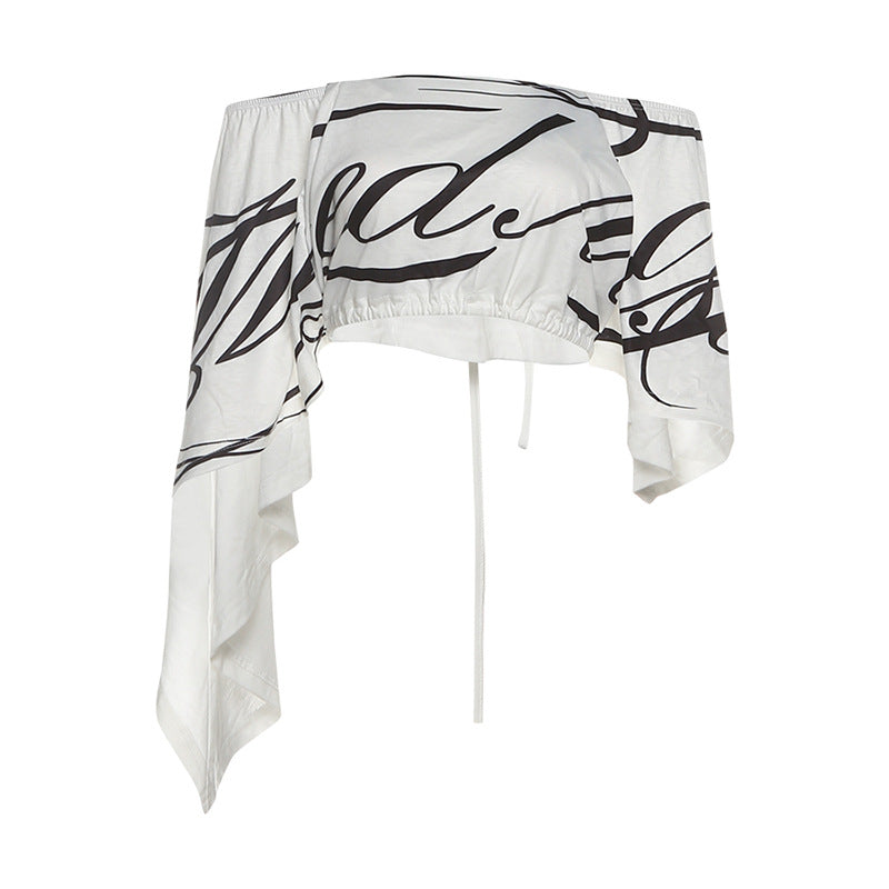 Effortless Chic: Script Print Off-Shoulder Crop Top | Dramatic Flowy Sleeves for Fall