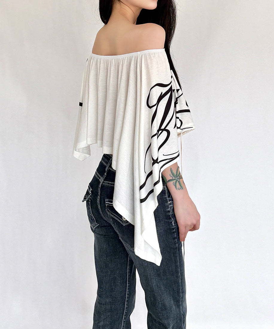 Effortless Chic: Script Print Off-Shoulder Crop Top | Dramatic Flowy Sleeves for Fall