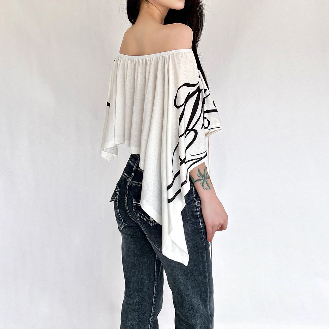 Effortless Chic: Script Print Off-Shoulder Crop Top | Dramatic Flowy Sleeves for Fall