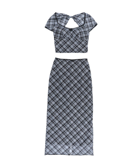 Fall Plaid Chic: Trendy Bowknot Crop Top & Maxi Skirt Co-ord Set – Your Autumn Style Essential