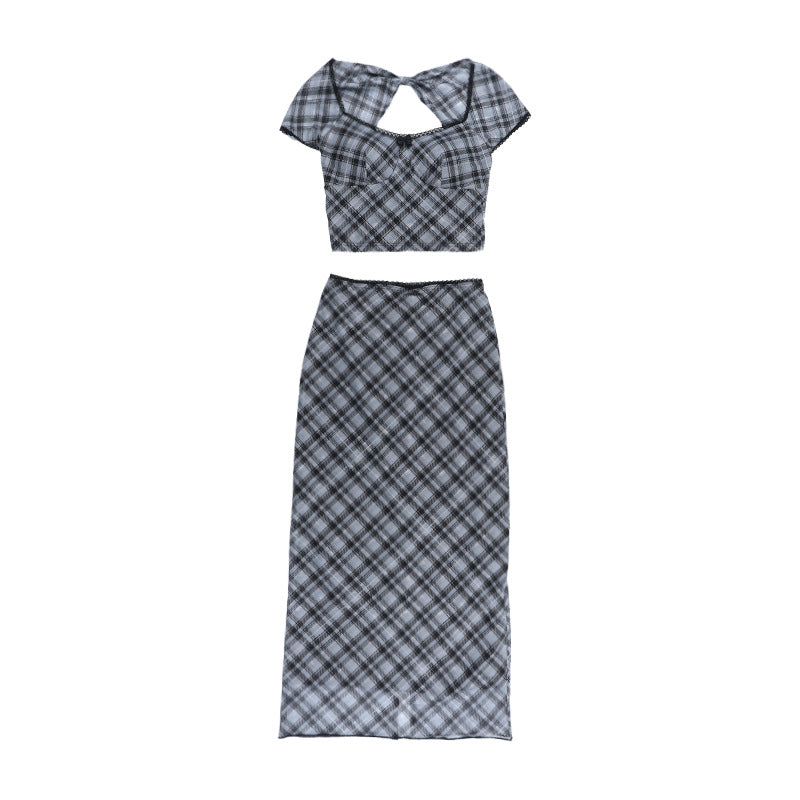 Fall Plaid Chic: Trendy Bowknot Crop Top & Maxi Skirt Co-ord Set – Your Autumn Style Essential