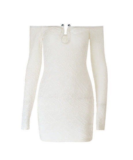 Effortless Chic: Winter White Textured Off-Shoulder Mini Dress - Long Sleeve Holiday & Date Night Essential