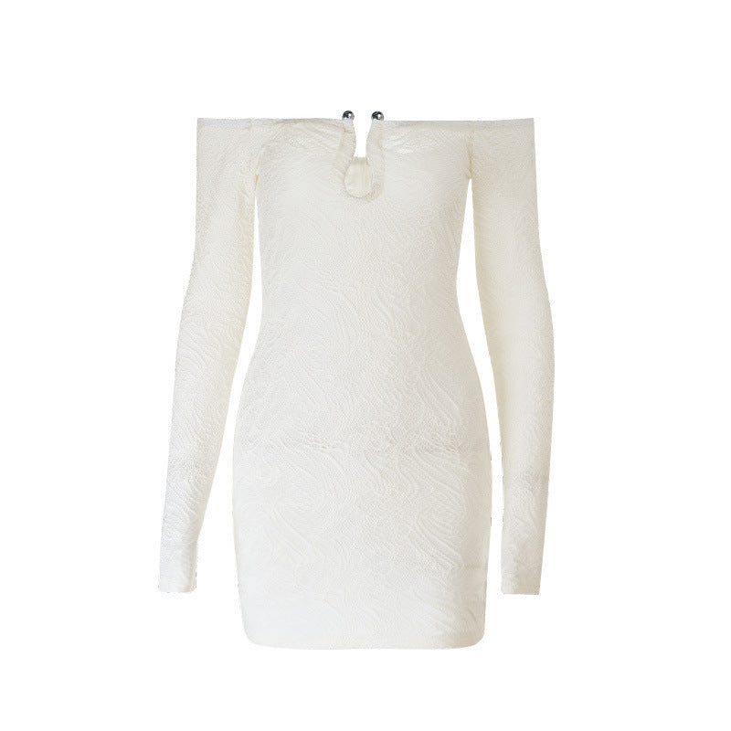 Effortless Chic: Winter White Textured Off-Shoulder Mini Dress - Long Sleeve Holiday & Date Night Essential
