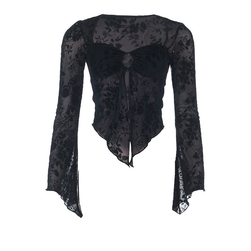 Dark Romance Velvet Floral Sheer Black Crop Top with O-Ring Tie | Bell Sleeve Fall Going Out Top