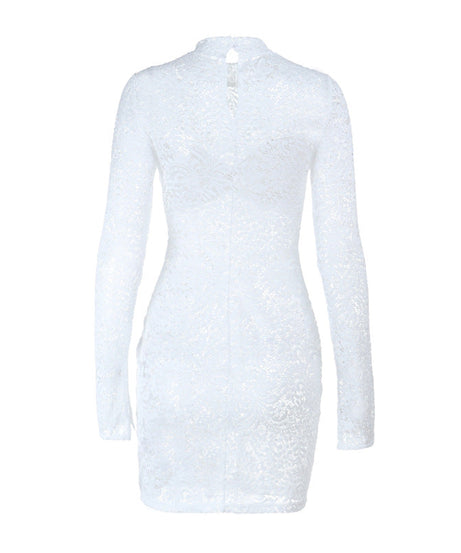 Glamorous White Lace Mock Neck Mini Dress - Long Sleeve Holiday Party & New Year's Eve Ready