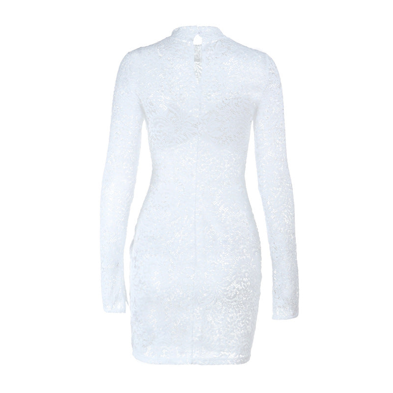 Glamorous White Lace Mock Neck Mini Dress - Long Sleeve Holiday Party & New Year's Eve Ready
