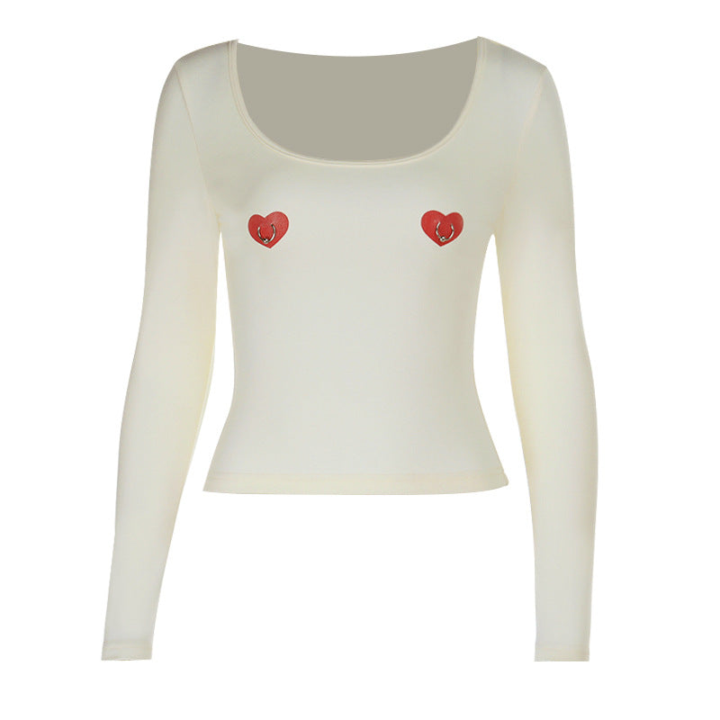 Edgy Sweetheart Pierced Heart Long Sleeve Top | Y2K Fall Fashion U-Neck Tee