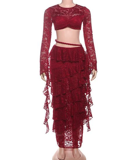 Ethereal Lace Ruffle Two-Piece Maxi Set - Haute Halloween & Resort Ready