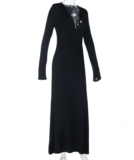Effortless Chic: Black V-Neck Long Sleeve Ruched Maxi Dress - Perfect for Fall & Holiday Elegance